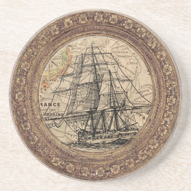Porta-copos Navio Antigo e Mapa (Frente)