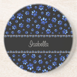 Porta-copos Nome personalizado, patas de cachorro brilho azul