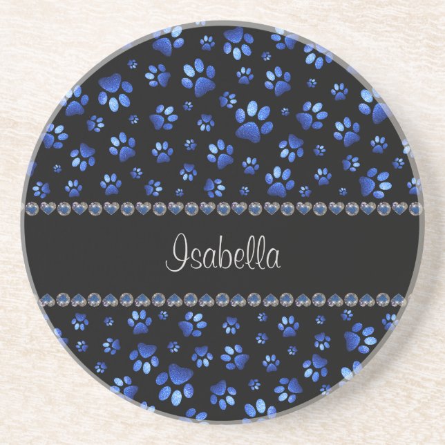 Porta-copos Nome personalizado, patas de cão com brilho azul (Frente)