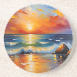 Porta-copos Óleo Pintura do pôr do sol laranja sobre o oceano