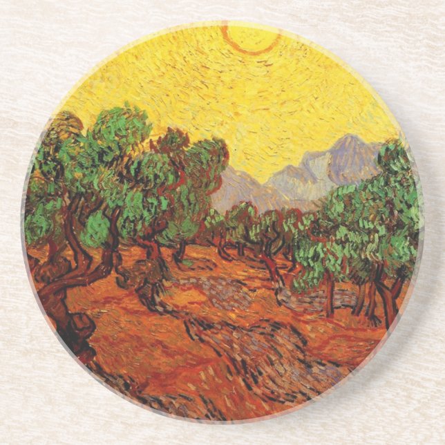 Porta-copos Oliveiras com Céu Amarelo e Sol Van Gogh (Frente)