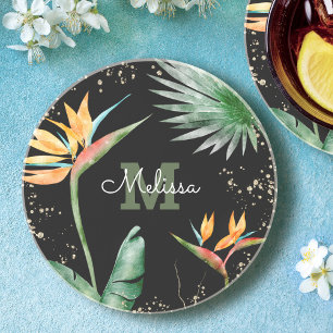 Porta-copos Ouro Tropical Preto Floral Folhagem Monograma Scri