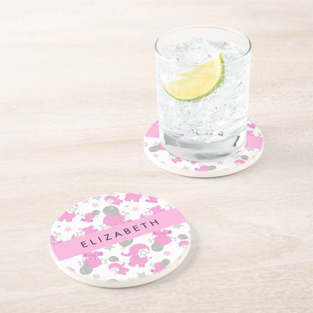 Porta-copos Padrão De Elefantes Rosa, Estrelas, Seu Nome (Lateral)