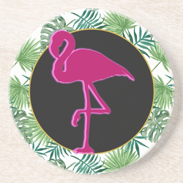 Porta-copos Padrão de Folhas Tropicais e Flamingo Rosa (Frente)