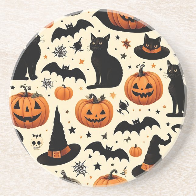 Porta-copos Padrão de Gato Preto e Abóbora com Tema de Hallowe (Frente)