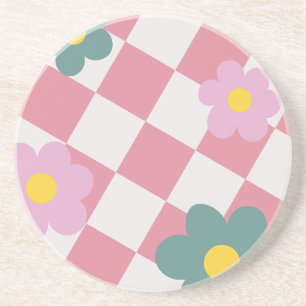 Porta-copos Padrão Floral Xadrez Rosa – Flor Fofa Retrô
