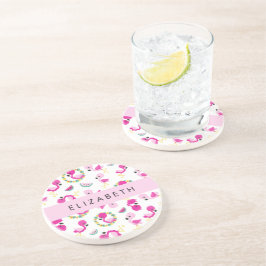 Porta-copos Padrão Tropical, Flamingos, Flores, Seu Nome