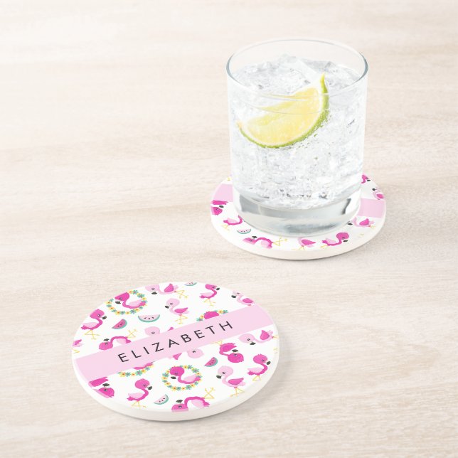 Porta-copos Padrão Tropical, Flamingos, Flores, Seu Nome (Lateral)