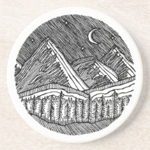 Paisagem Alpina Redonda Desenhada a Tinta Preta e