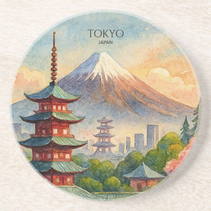 Porta-copos Paisagem Urbana de Tóquio Japão Aquarela Lembrança