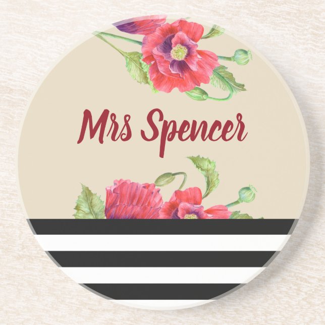 Porta-copos Papas vermelhos de aquarela Arte Floral (Frente)