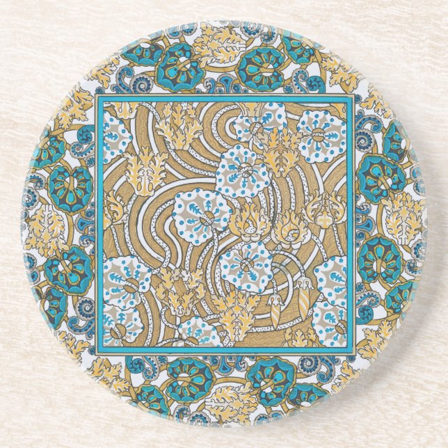 Porta-copos papel de parede de flores azul-de-art-nouveau (Frente)