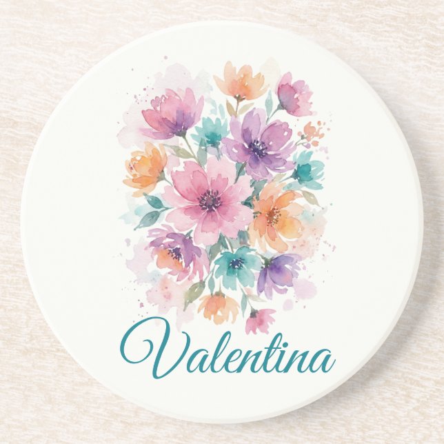 Porta-copos Personalized Watercolor Floral Name Coaster (Frente)
