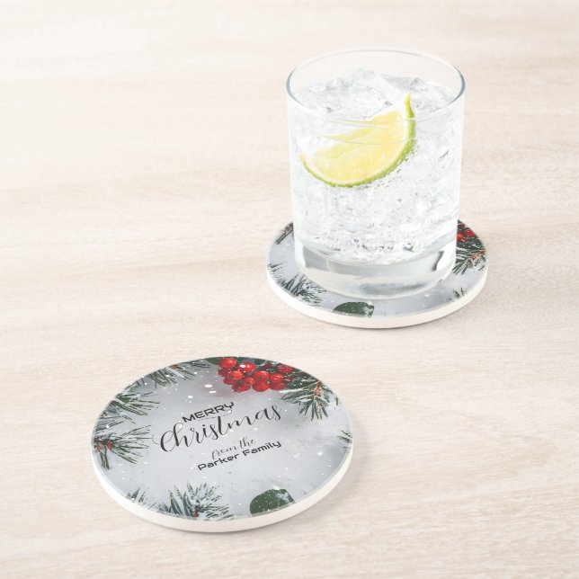 Porta-copos Pinheiro Coberto De Neve, Holly Berries, Não Foto (Lateral)