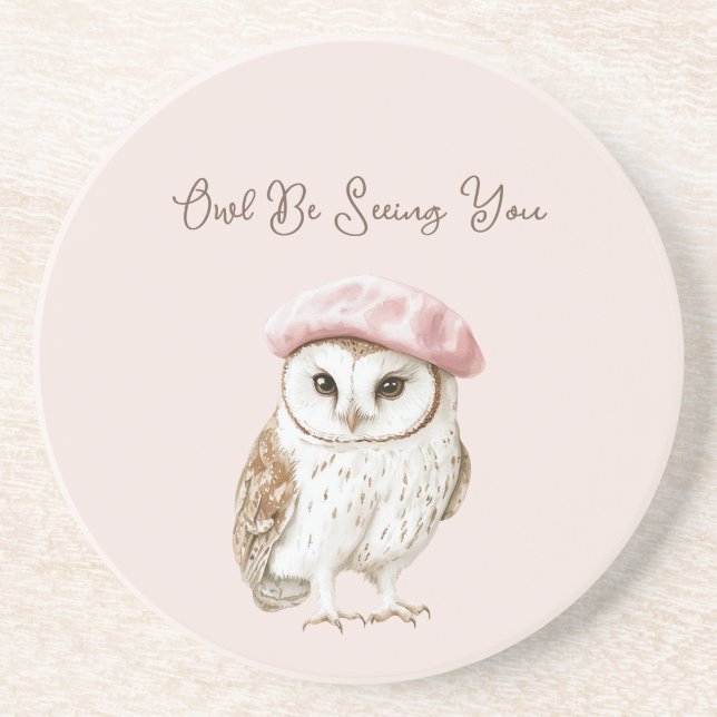 Porta-copos Pink Beret Brown White Owl Be Seeing You (Frente)