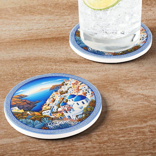 Porta-copos Pintura da Ilha da Grécia Santorini | Viagem Art (Santorini Greece Island Painting | Travel Art Coaster)