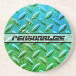 Porta-copos Placa de Aço Diamantada Verde e Azul Nome Personal