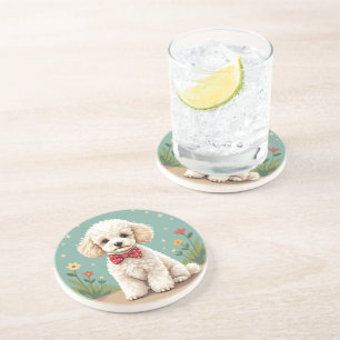 Porta-copos Poodle branco adorável com gravata borboleta