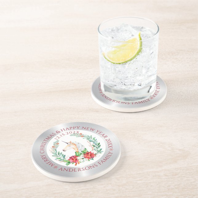 Porta copos prateada de unicórnio de Natal e front (Lateral)