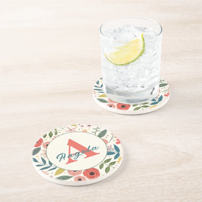 Porta-copos Pretty Blush Pink Floral Botanical Monogram  (Lateral)