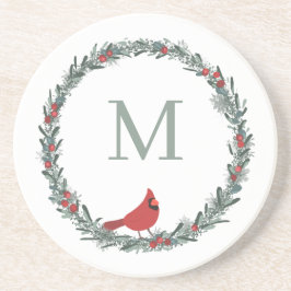 Porta-copos Red Berries Wreath and Red Cardinal Monogram