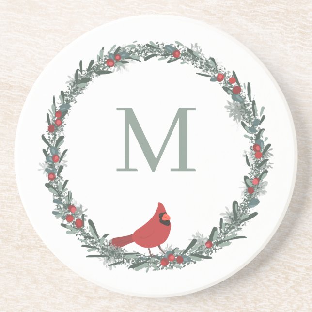 Porta-copos Red Berries Wreath and Red Cardinal Monogram  (Frente)