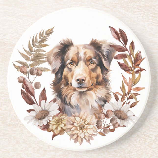 Porta-copos Red Brown Australian Shepherd Wreath Autumn (Frente)