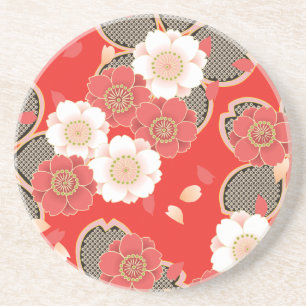 Porta-copos Red & White Sakura Japonês Kimono