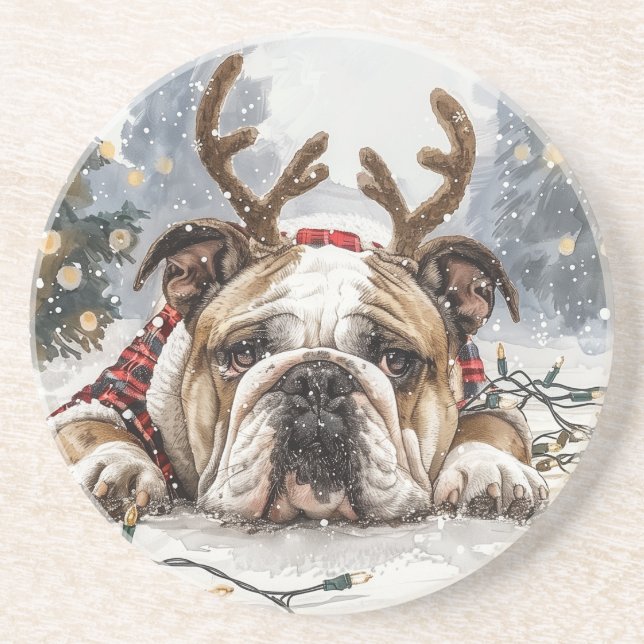 Porta-copos Reindeer para Bulldog em Inglês de Natal (Frente)