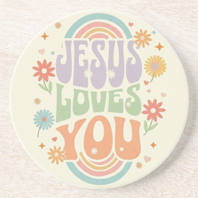 Porta-copos Retro Pastel “Jesus Loves You” Christian Design –  (Frente)