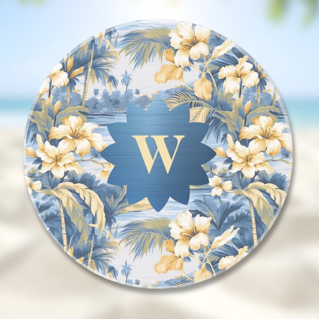 Porta-copos Retro Yellow Blue Floral n Tropical Palms Initial  (Criador carregado)