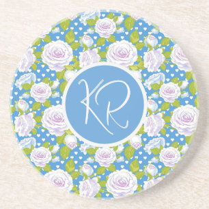 Porta-copos Rosa Branca Floral Azul Monograma Inicial Tendênci