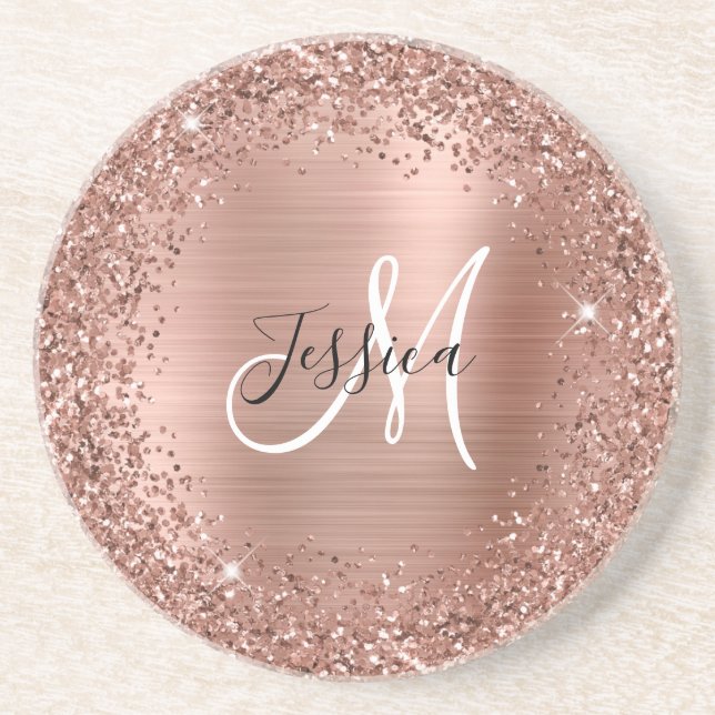 Porta-copos Rosa Dourado Luminoso e Foil Girly Glam Monograma (Frente)
