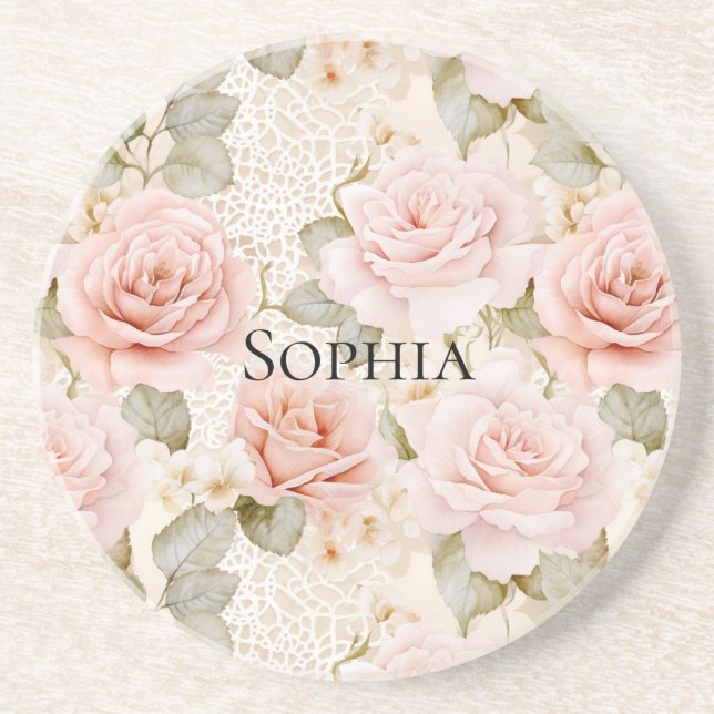 Porta-copos Rosas Florais Rosa Bege Creme  (Frente)