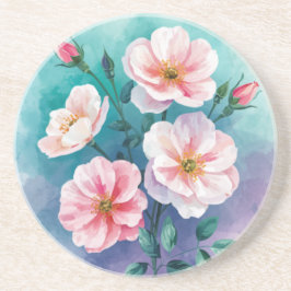 Porta-copos Rosas Selvagens Rosa Azul Turquesa em Aquarela