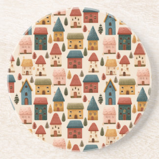 Porta-copos Rustic Festive Christmas Houses Seamless Pattern