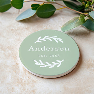 Porta-copos Sage Green Laurel Branch Wreath Sobrenome Monogram