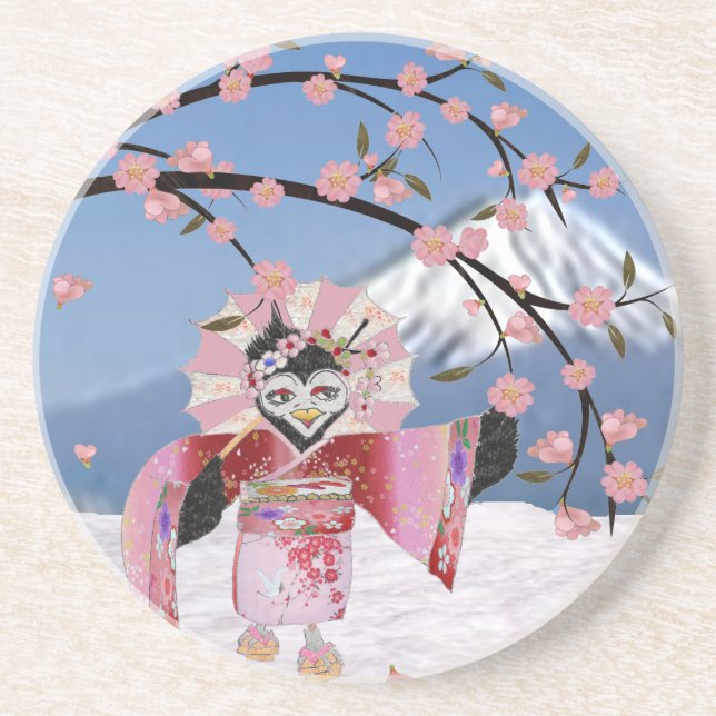 Porta-copos Sakura Geisha Bird no Snow Cherry Blossoms (Frente)
