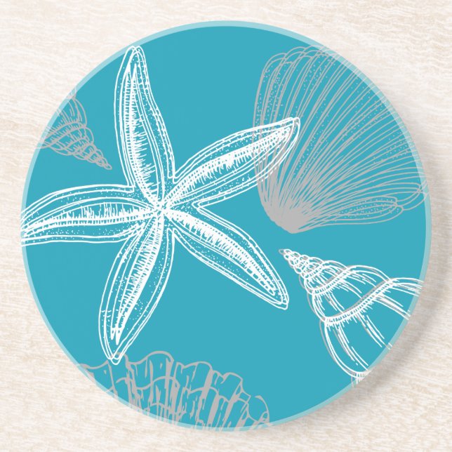 Porta-copos Seashell Beach House Aqua Blue Starfish Round (Frente)