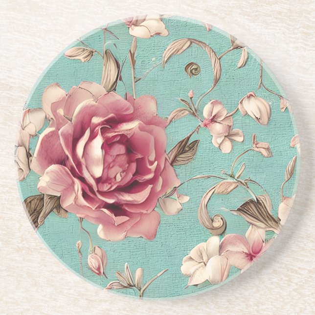 Porta-copos Shabby Chic Pink and White Florals on Teal (Frente)