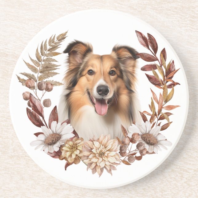 Porta-copos Shetland Sheepdog Autumn Wreath (Frente)