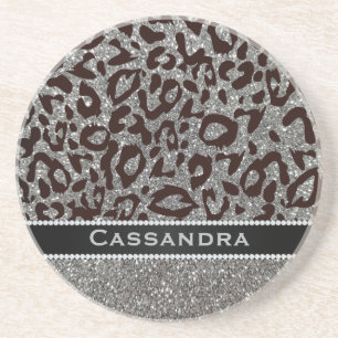 Porta-copos Silver & Black Glitter Leopard Imprimir Diamantes