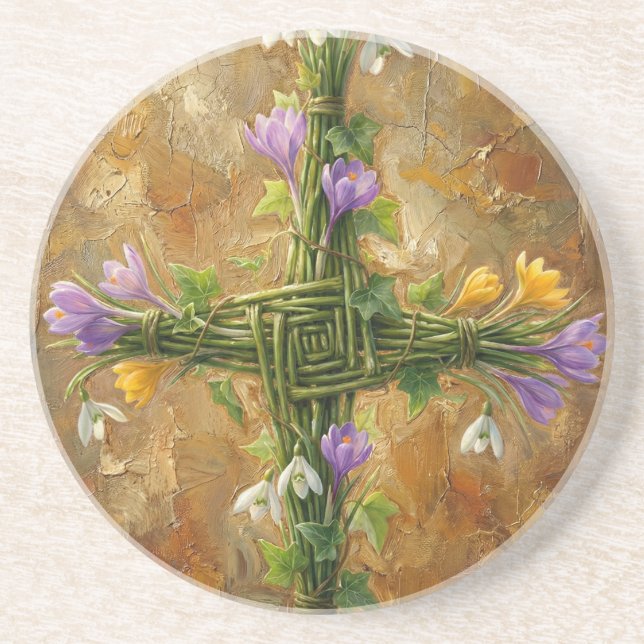 Porta-copos St Brigid Cross Green Rushes Crocus Imbolc Art (Frente)