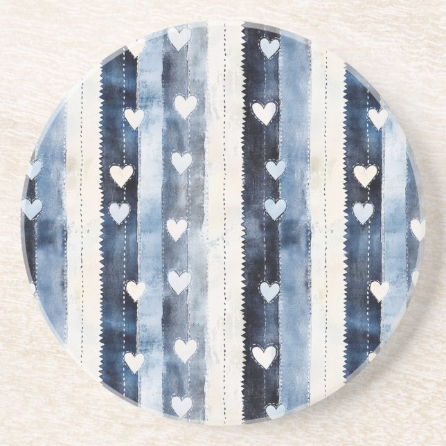 Porta-copos Stripes do Coração de Denim Branco Azul (Frente)