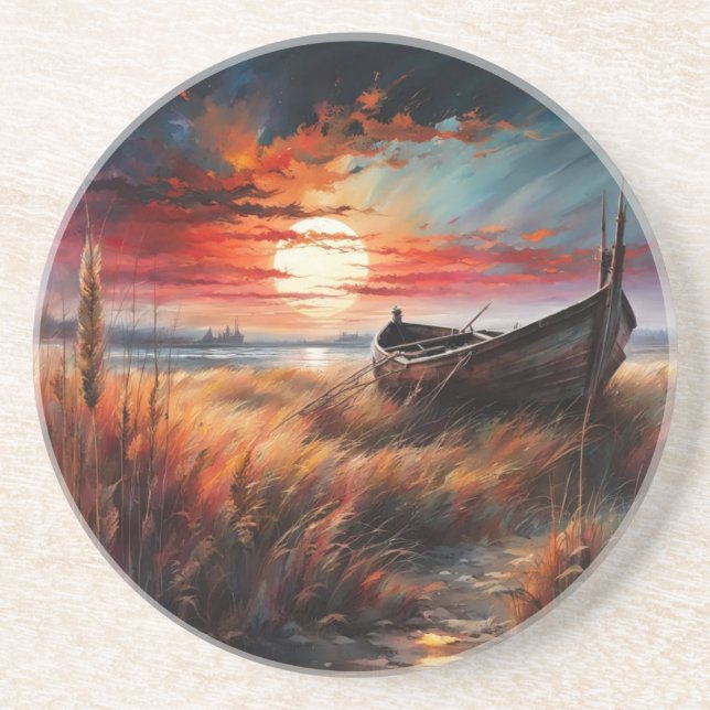 Porta-copos Sunset boat art serene landscape by the sea (Frente)