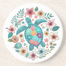 Tartaruga Marinha Floral Turquesa Boho - Redondo C