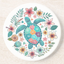 Porta-copos Tartaruga Marinha Floral Turquesa Boho - Redondo C