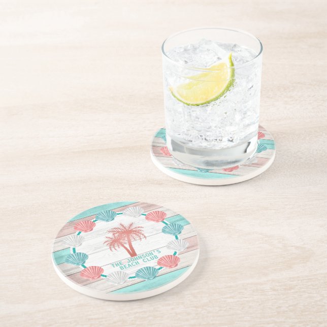 Porta-copos Teal e Coral Beach Wood Seashell (Lateral)