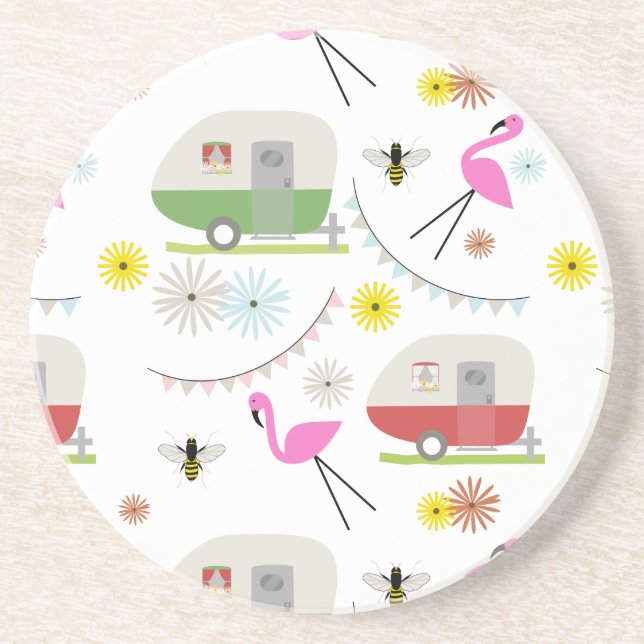 Porta-copos Teste padrão retro do reboque & dos flamingos (Frente)