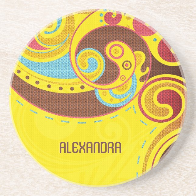 Porta-copos Tons Amarelos Quentes - Cabeças Abstrato - Monogra (Frente)